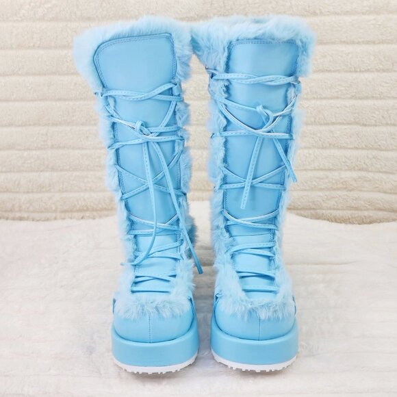 Baby Blue Pastel Goth 311 Platform Furry Faux Fur Stomper Knee Boots - Picture 4 of 16